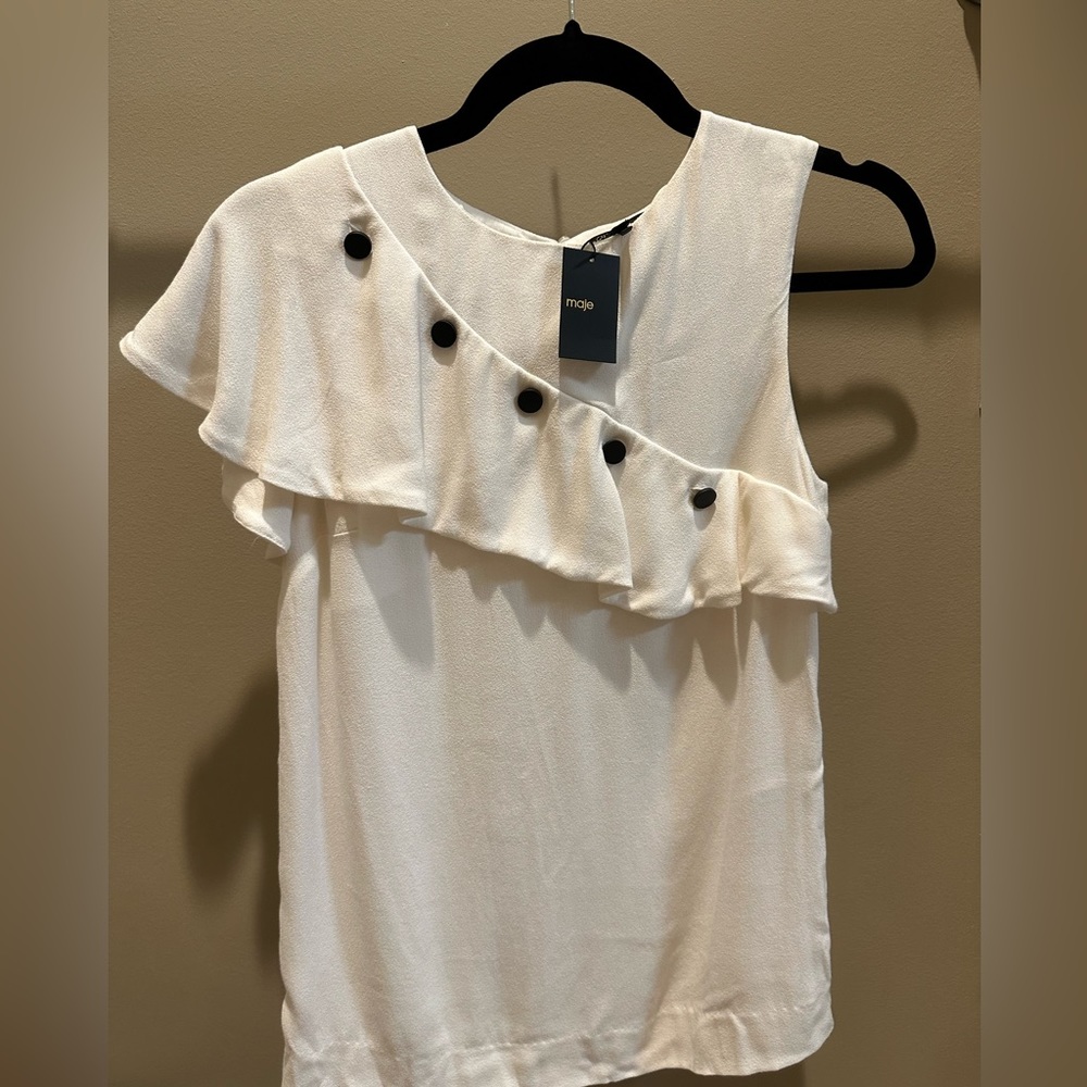 Maje Size 1 Lorena White with black button ruffle shirt